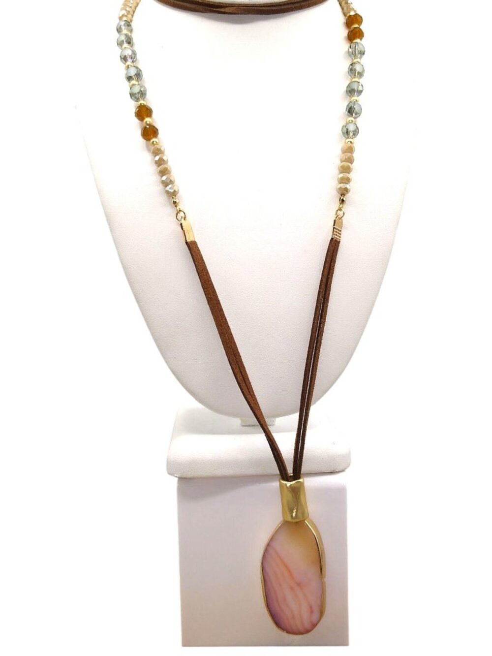 Vintage Leather and Crystal Bead Cord Necklace with Bezel Set Banded Agate Slice
